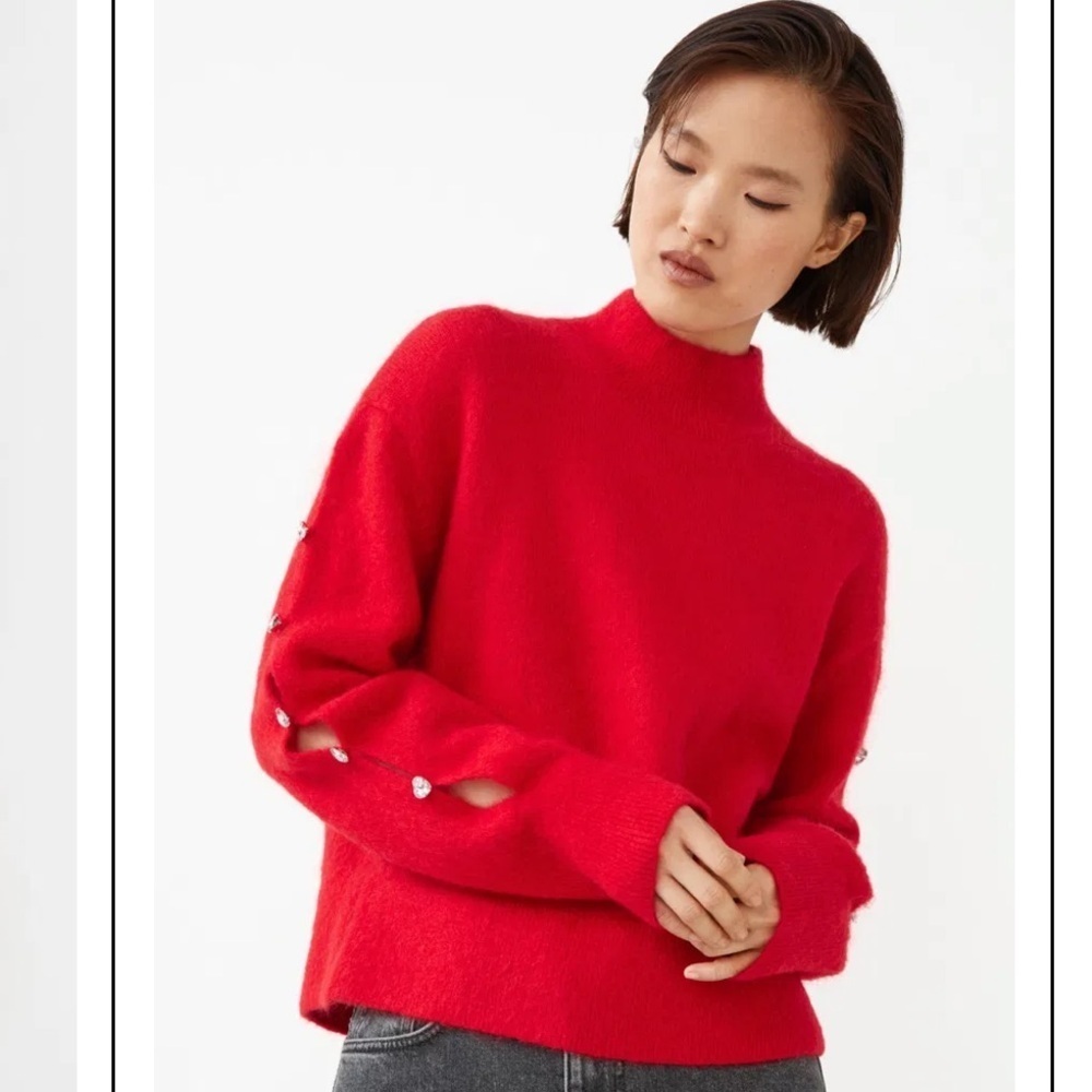 NWT & Other Stories Red Mohair Wool Rhinestone Cropped Sweater XS - Picture 4 of 11